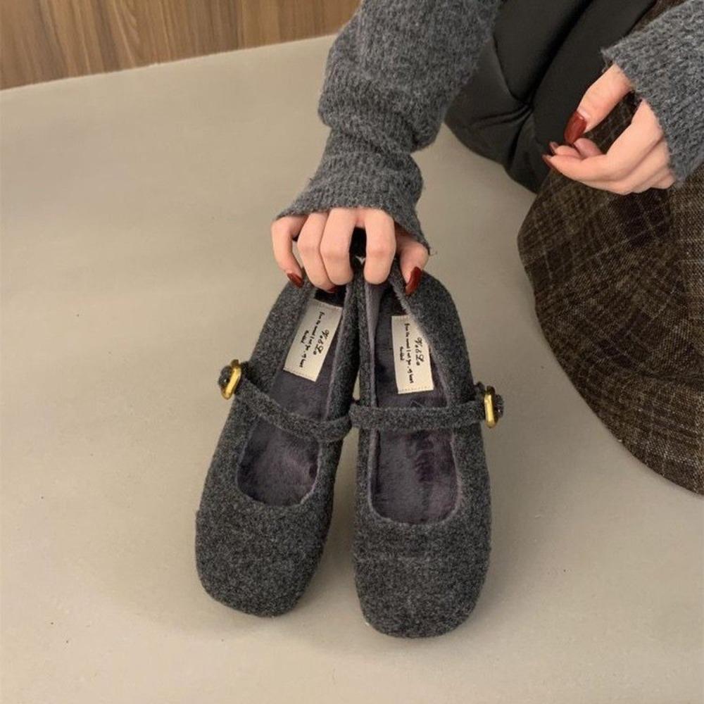 Kwadratowe noski Przytulne baleriny z wełny jagnięcej Damskie ciepłe futrzane buty typu Mary Jane Damskie markowe eleganckie puszyste pluszowe mokasyny