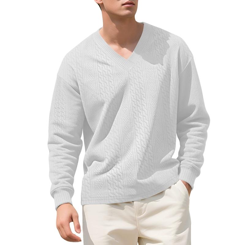 Men Vertical Cable Jacquard Textured V Neck Sweatshirt Ribbed Cuffs Long Sleeve Loose Fit Solid Color Spring Fall Daily Smart Casual Pullover Top