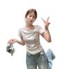 Light blue sweet short-sleeved T-shirt for women's summer new Korean straps for girls to wear slim-fitting bottoming shirt