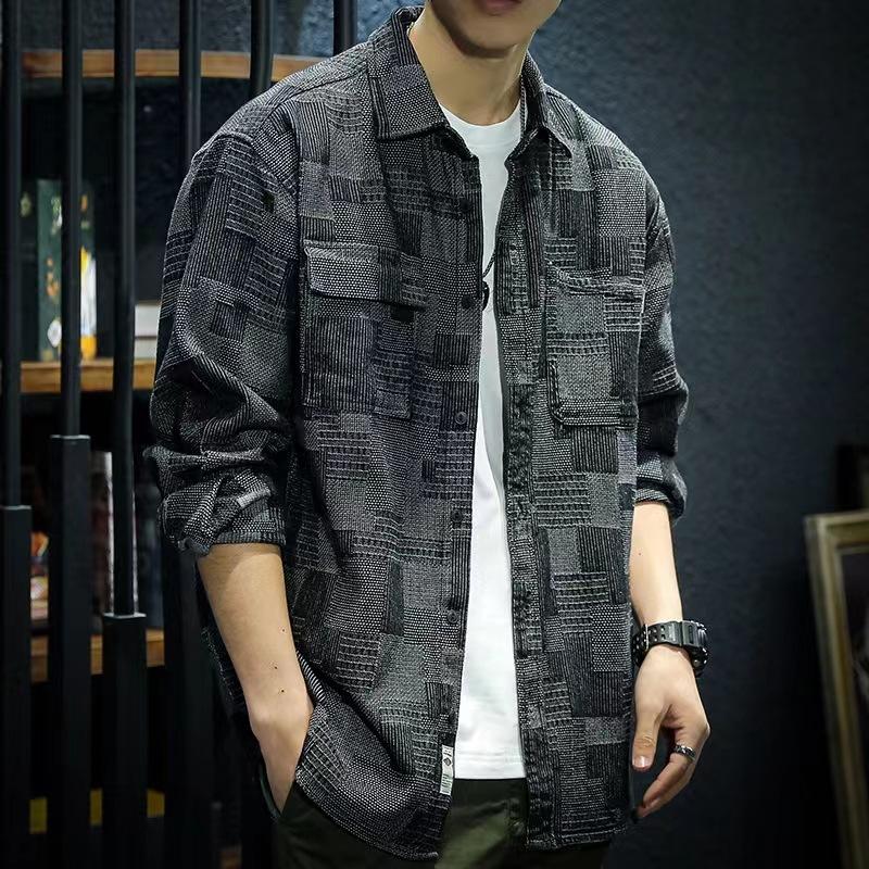 Men Loose Long Sleeve Plaid Denim Casual Work Shirt Outerwear
