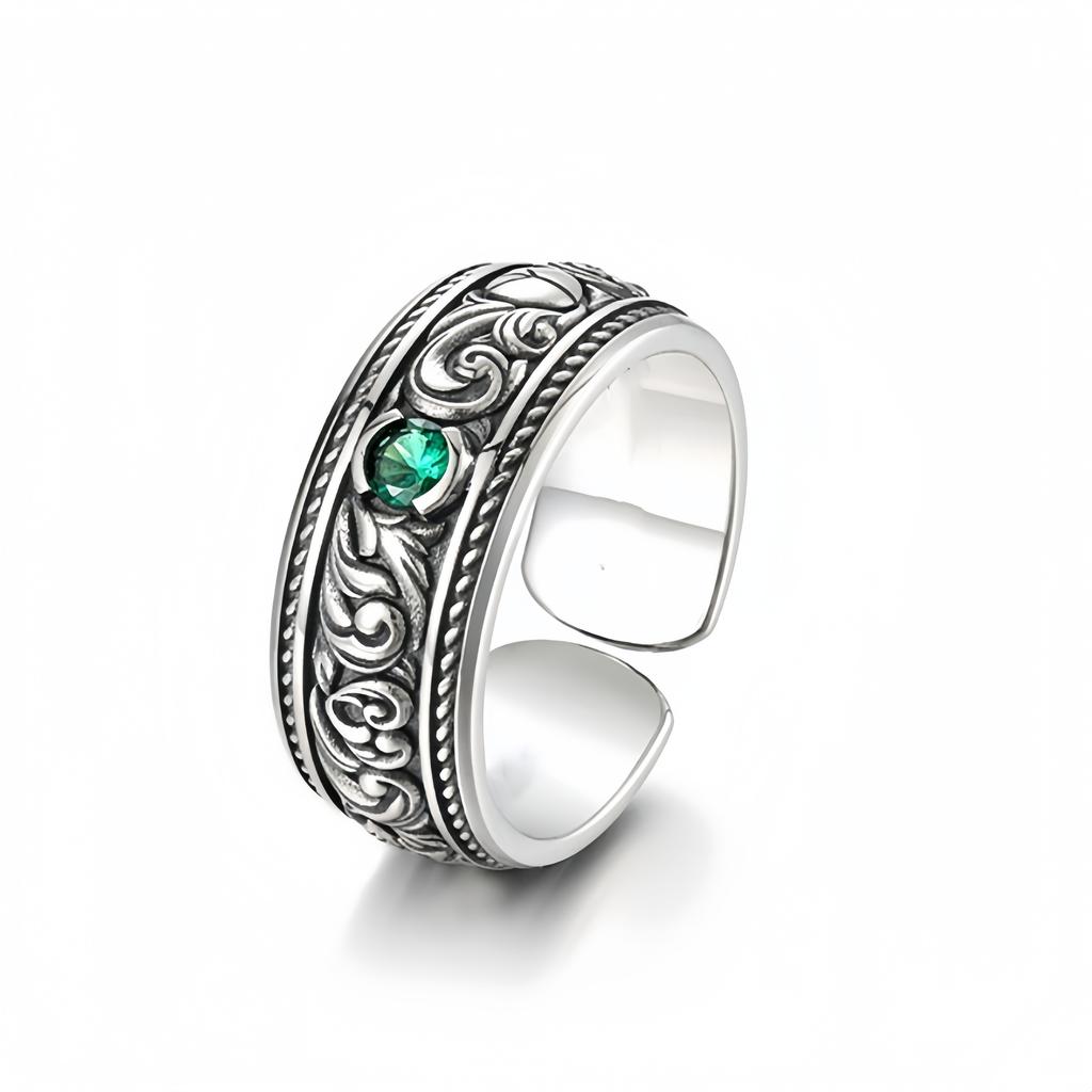 Retro Emerald Ivy Vine Adjustable Open Ring For Men Silver-plated Copper Gothic Punk Edgy Designer Accessories Gift