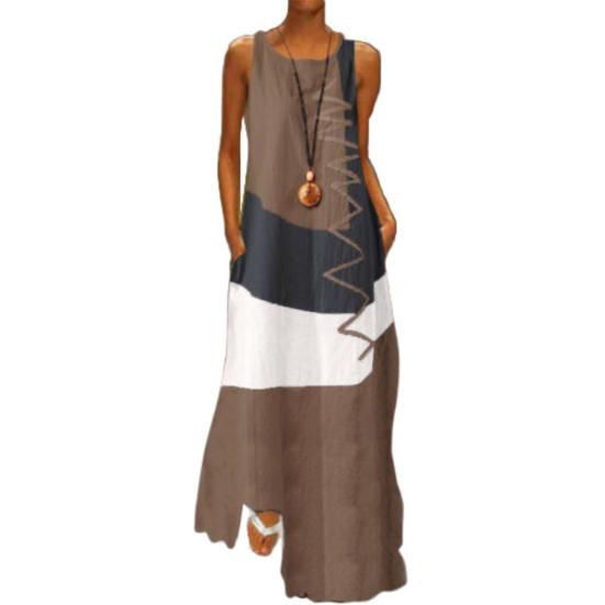 

Женское винтажное длинное свободное платье без рукавов с цветными блоками и волнистыми карманами L темно-коричневого