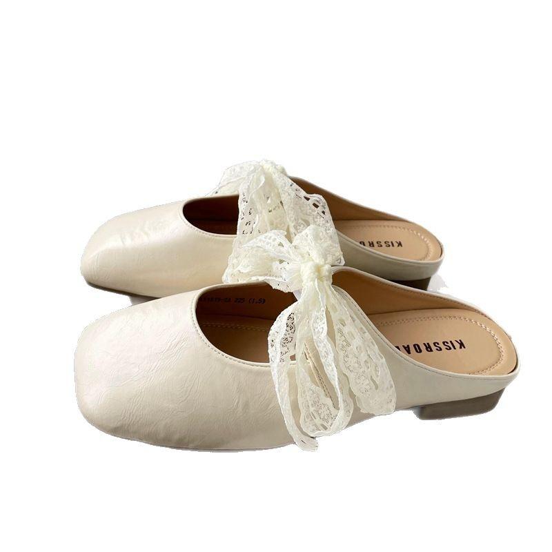 Lace Lace-up Bow Bag Head Slippers Women's Outer Wear Spring and Summer Square Head Flat Soft Bottom Mary Jane Half Slippers