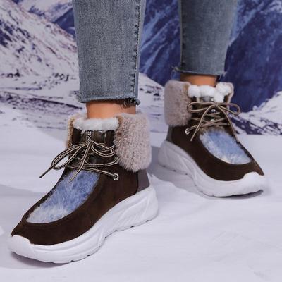 Kunstfell Schnür-Schneestiefel Damen 2025 Winter Dicke Sohle Keilabsatz Baumwolle Wanderschuhe Warme Kurze Plüsch Stiefeletten