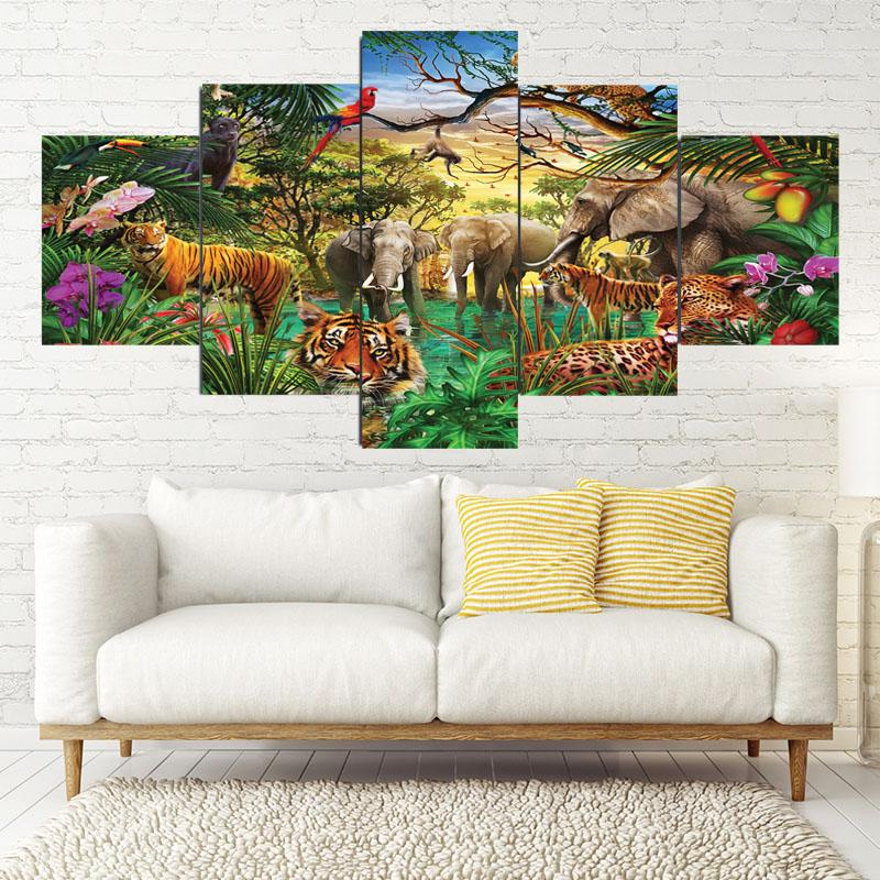 5Panels Tropical Jungle Plant and Animal Landscape Canvas Painting Posters and Prints Wall Art Home Decor for Kids Room No Frame