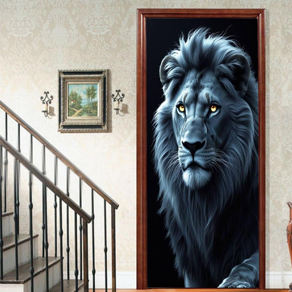 Pegatinas para puerta con diseño de león, realistas, despegables y pegables, para niños, decoración estética para sala de estar.