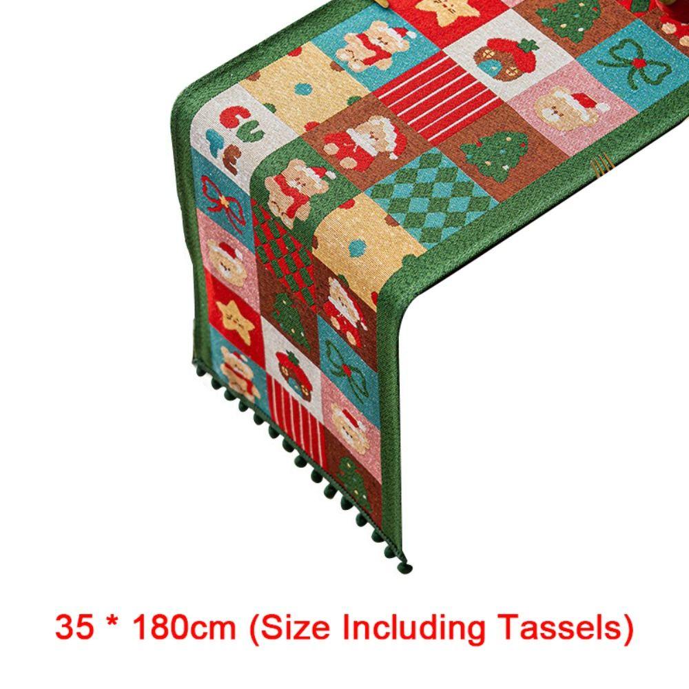 Polyester Christmas Table Runner Santa Claus Pattern Snowflake Pattern Table Flag Multi-Color Tassel Cartoon Pattern