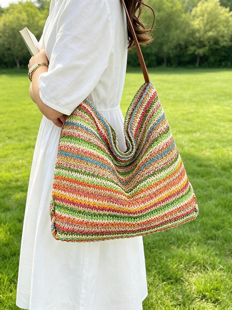 Stylish Striped Straw Shoulder Bag - Large Capacity Korean Vacation Handbag for Women