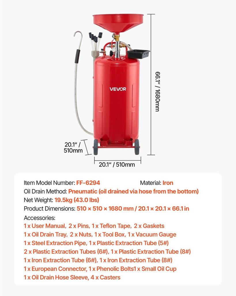 79.5L Waste Oil Drain Tank, Air Operated Portable Oil Drainer with Adjustable Funnel Height, Industrial Fluid Drain Tank with Wheels, Fluid Fuel