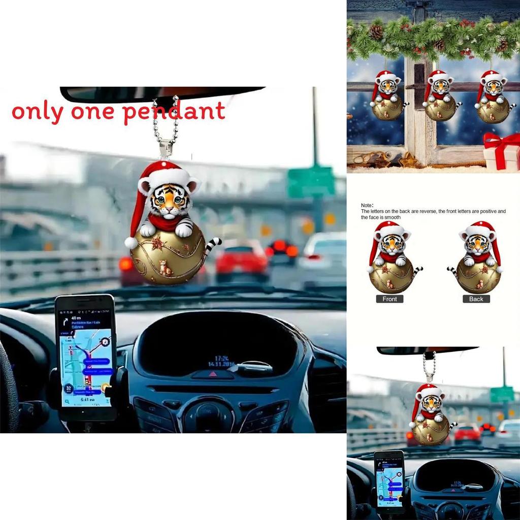 Acrylic Car Pendant With Adorable Tiger Wearing Christmas Hat Design Design For Vehicle Interior Decoration
