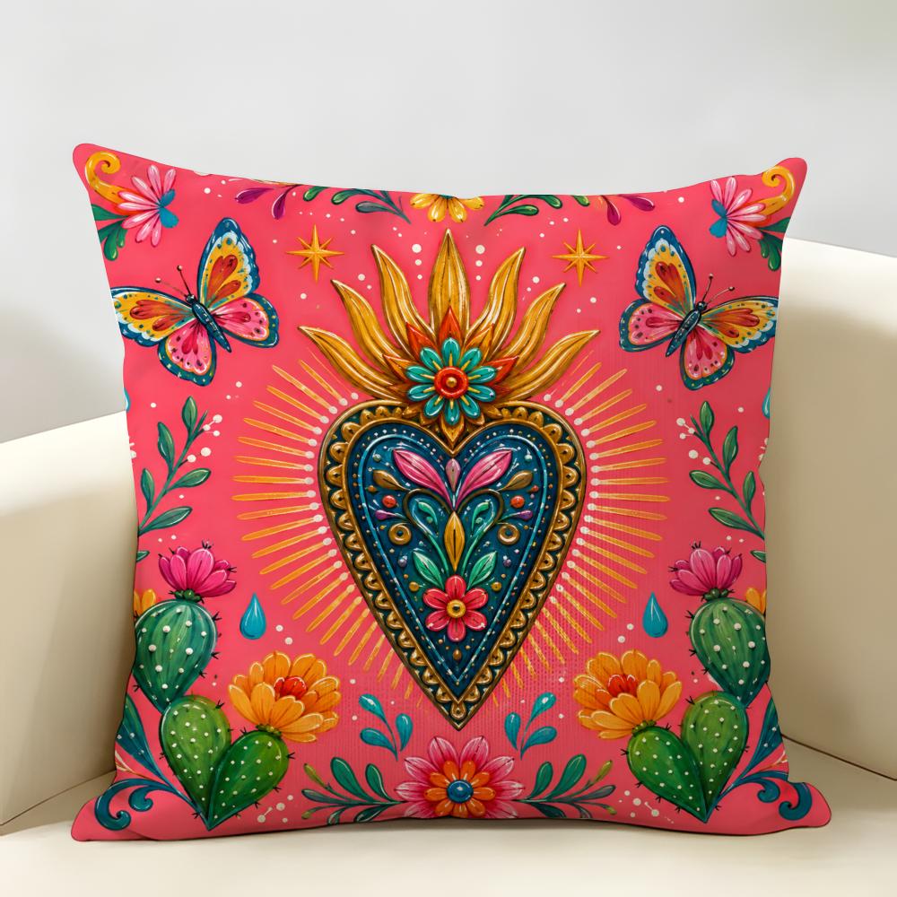 Fashion Art Mexican Milagro Hearts Cushion Cover Durable Hypoallergenic Linen Pillow Cover Short Size Washable SkinFriendly