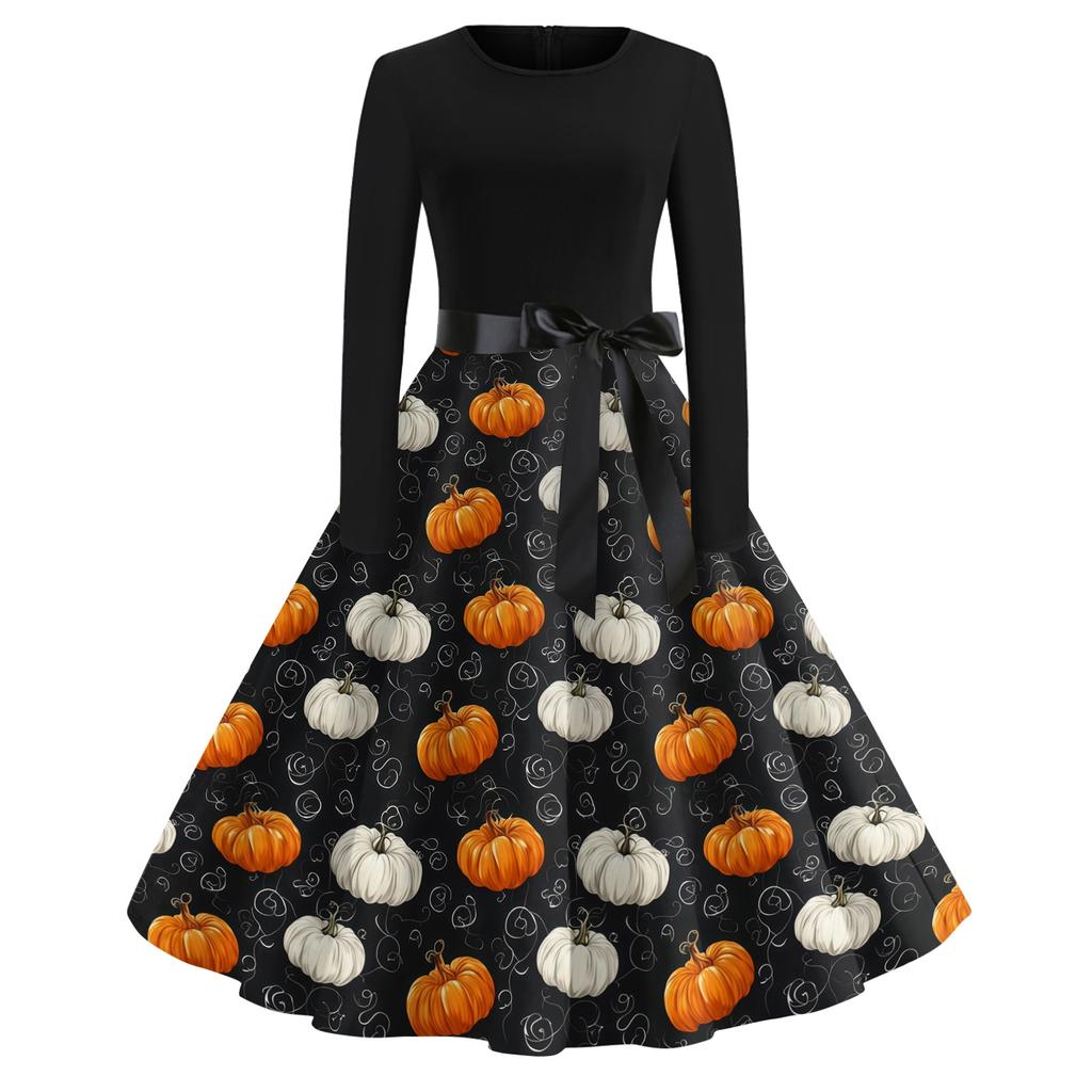 Women's Vintage Round Neck Dress with Halloween Print for Casual Fall Outings