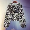 Women's Leopard Print Long-sleeved Sweatshirt Spring and Autumn Hooded Loose and Thin Drawstring Waist Top