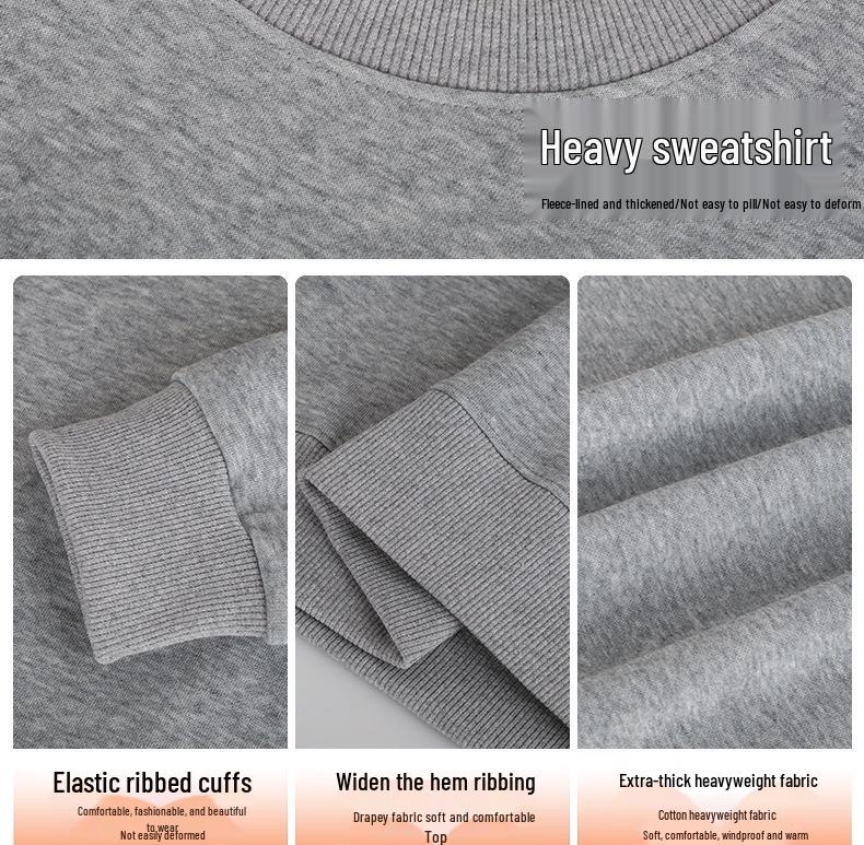 Unisexowa bluza bawełniana z podszewką z polaru o dużej gramaturze - Gruba, luźny krój, okrągły dekolt, styl z opuszczonymi ramionami
