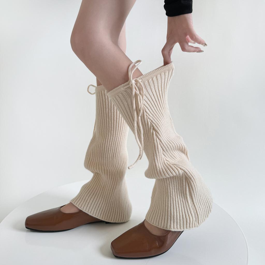 Winter Knitted Leg Warmers Bandage Bow Sweet Girls Solid Color Long Stockings Knitted Foot Cover Knee Socks Women Leg Warmers