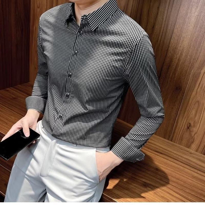 

Мужская повседневная рубашка с длинным рукавом, деловая рубашка, приталенная рубашка в небольшую клетку XS чёрный