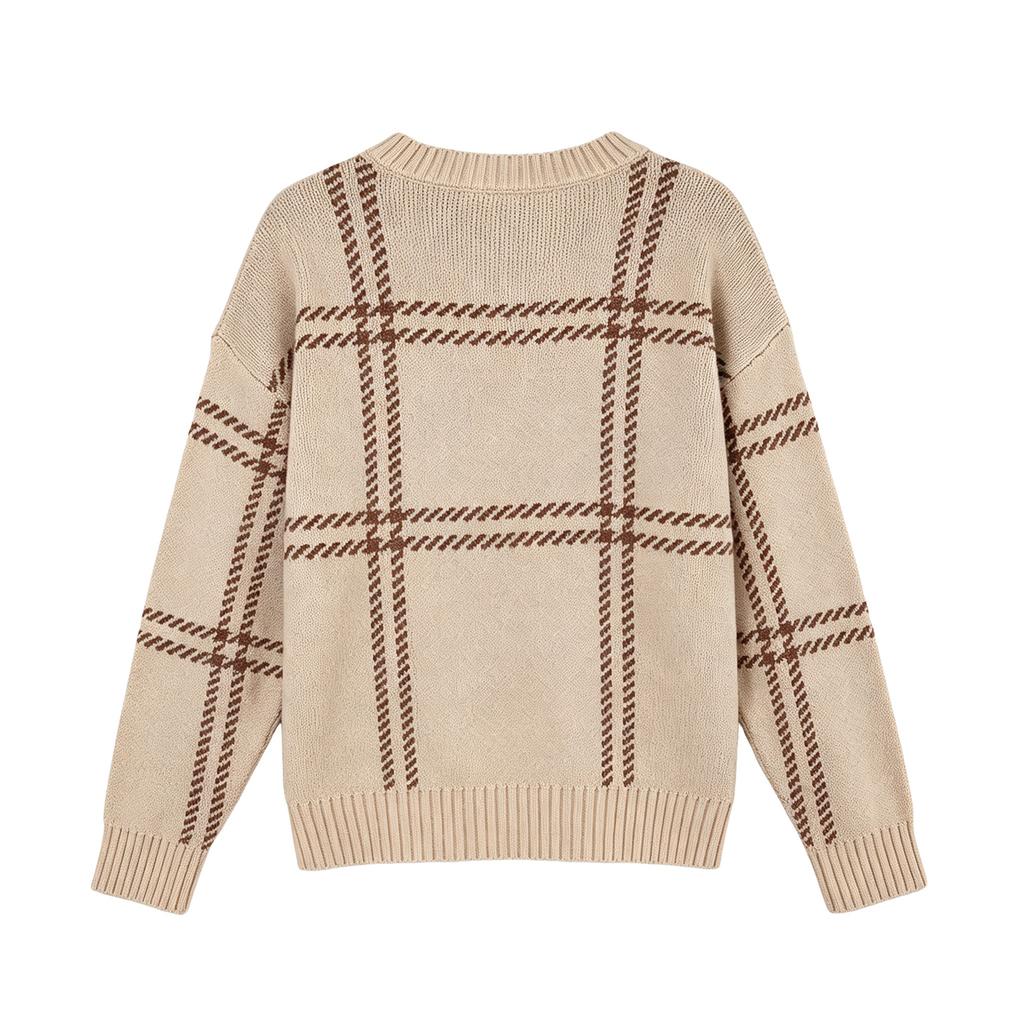 Women's Winter Plaid Color Block Pullover Sweater with Round Neck - Versatile Knit Top