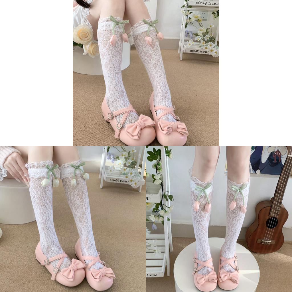 Lolita Sweet Spring Summer Knee High Socks With Lace Border And Bow For Girls