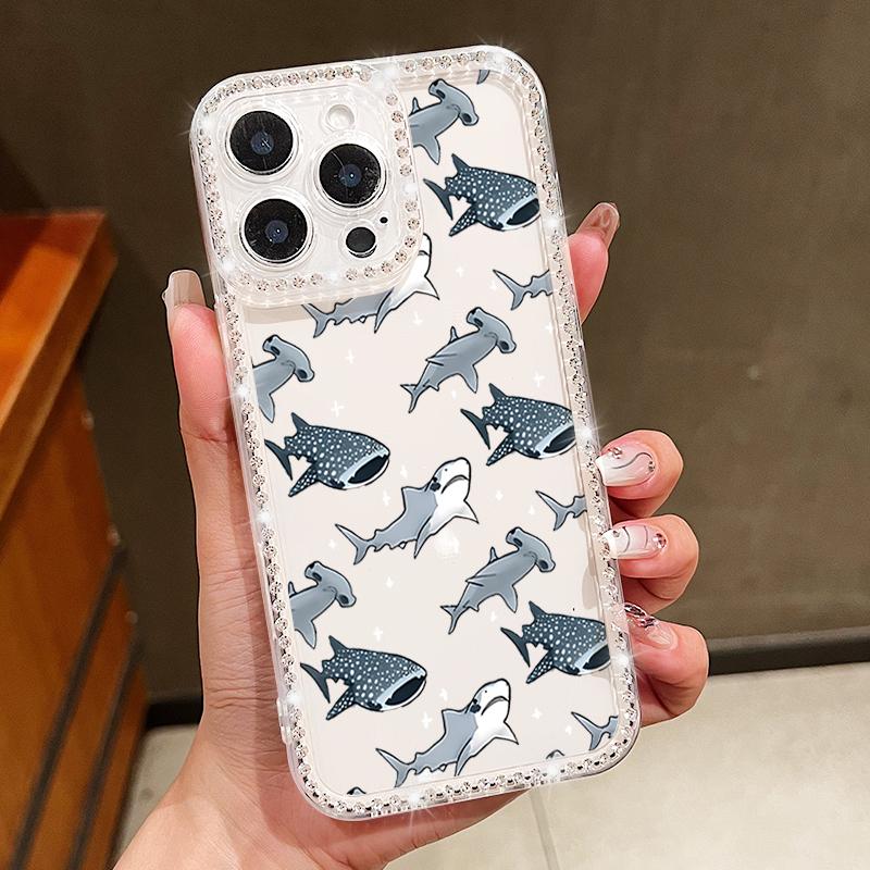 Conch Shark Pattern Clear Silicone Case For iPhone 16E 16 Pro 15 Pro Max 14 13 12 11 Diamond Frame Soft Shockproof Transparent Phone Cover
