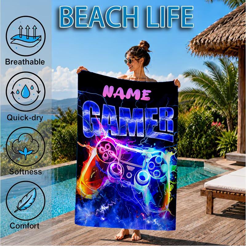 Custom Name Game controller Beach Towel Microfiber Beach Towel, Lightweight and Quick-Dry, for Summer Travel, Swimming Pool Gift