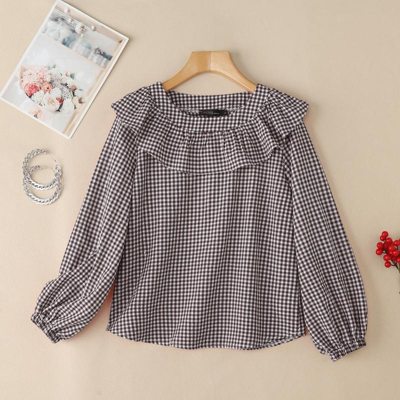 ZANZEA Blusa Casual para Mujer con Volantes, Cuello Redondo, Manga Larga Holgada, Estampado de Cuadros