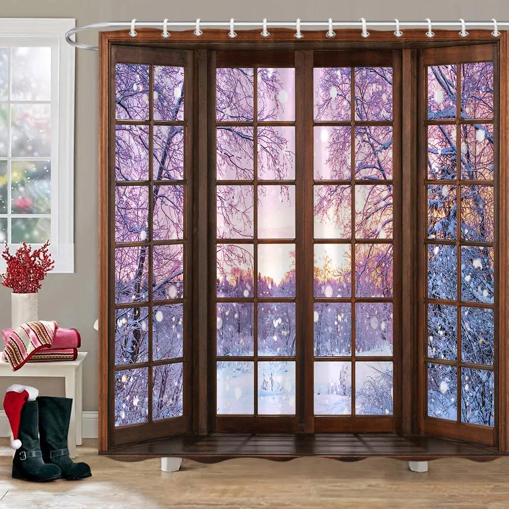 Winter Outdoor Forest Snow Shower Curtain Simulation Window Landscape Polyester Fabric Water Shower Curtains Bathroom Decoration