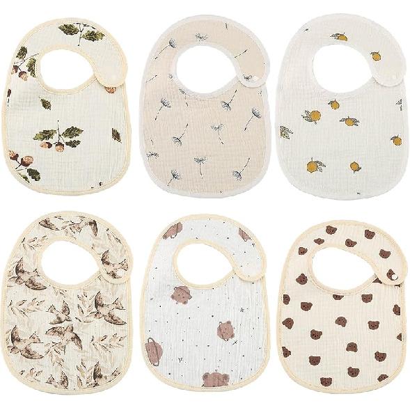 Органические муслиновые слюнявчики, слюнявчики для девочек и мальчиков, мягкие слюнявчики с запахом на плечо, водонепроницаемые слюнявчики на кнопках для прорезывания зубов 6 Pack-bear