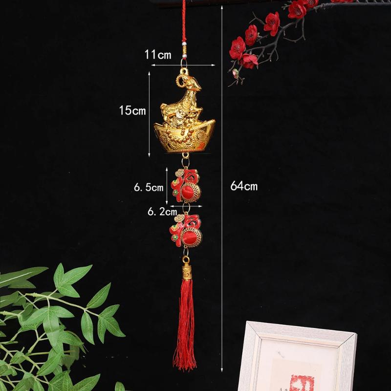 1PcsChinese New Year Golden Goat Hanging Decorations With Lucky Fu Elements Red Tassels For Spring Festival Home Wall Car Decor