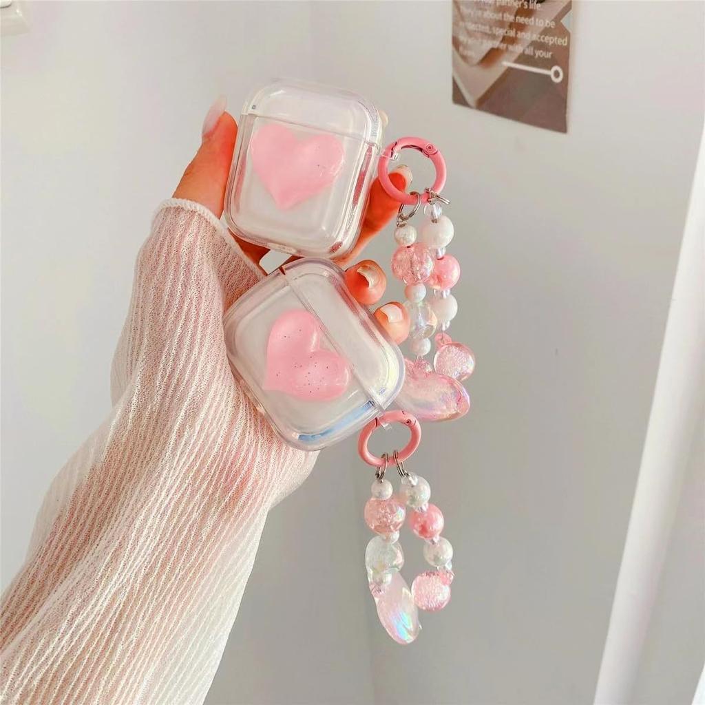 Korean Style Compatible with 3D Pink Heart-shaped AirPods 1 Protective Case Pro1 Wireless Bluetooth 1/1 Earphone Case and Chain