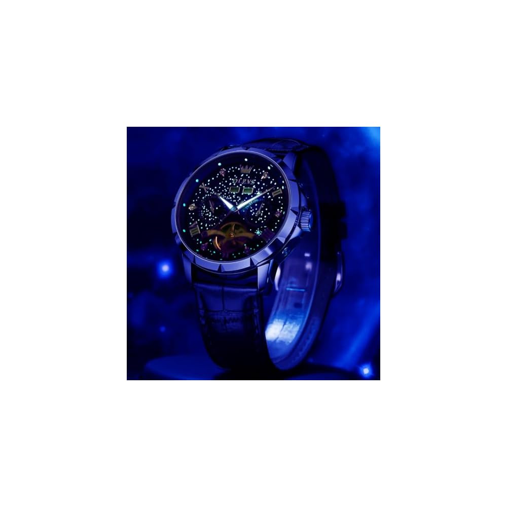 OLEVS Men's Automatic Mechanical Watch Blue Leather Strap Skeleton Dial Waterproof Date Luminous