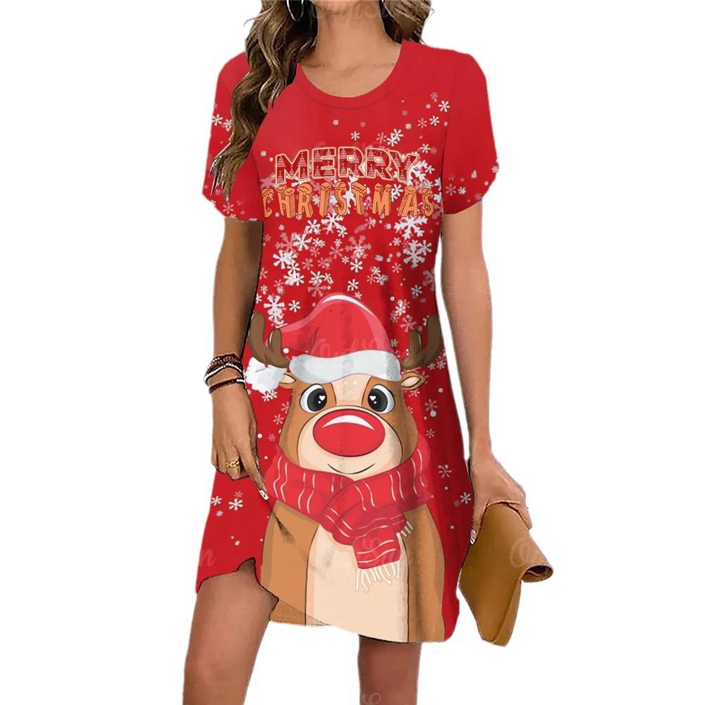 Summer Fashionable Creativity Women Loose Large Round Neck Casual Comfortable Versatile Christmas Series Animals 3D Printed Dresses