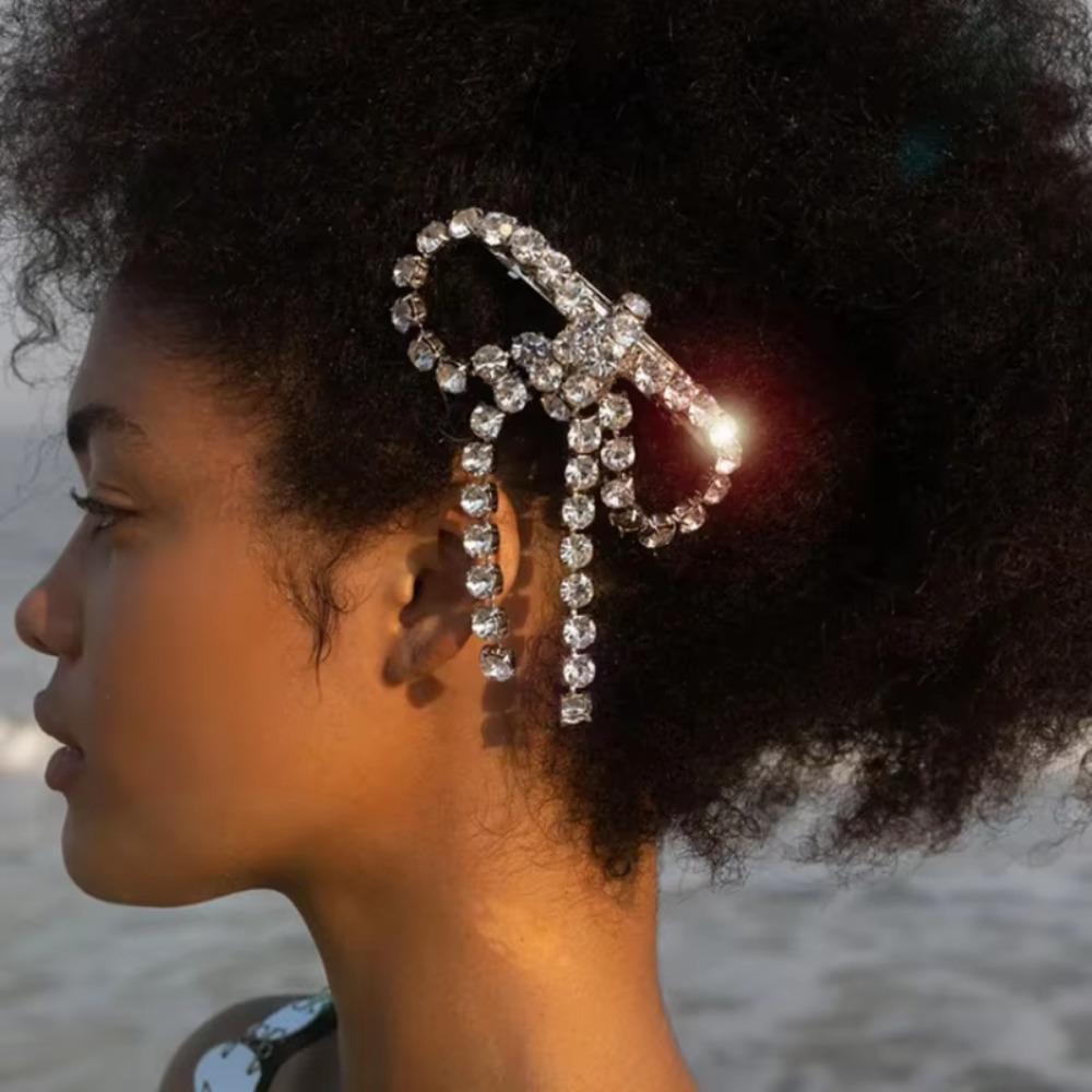 Elegant Rhinestone Bow Hairpins Shiny Tassel Spring Clip Sweet Ponytail Hair Clip  Party