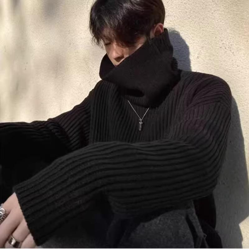 Pull rétro noir à col montant et maille ample pour homme - Vêtement d'hiver tendance et décontracté