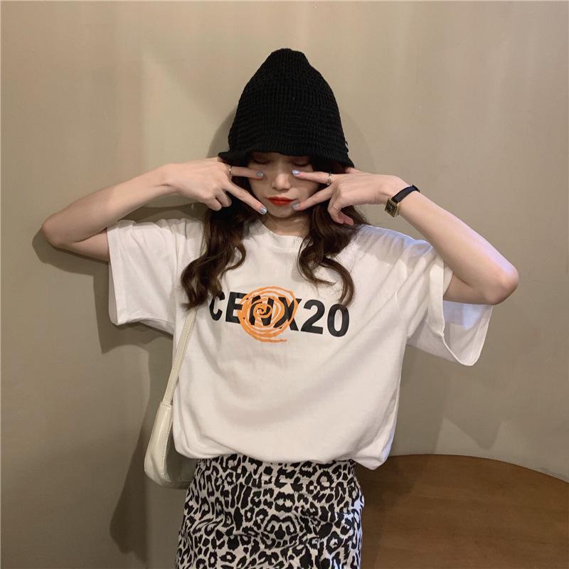 2024 Korean Summer Loose Round Neck Letter Print Mid-Length Casual Short Sleeve Women's T-Shirt