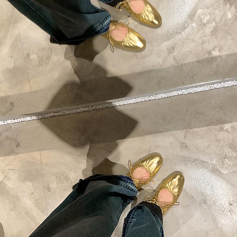 Gold and Silver Lace Up Mary Jane Shoes Women Low Heels Spring New Retro Round Toe Shallow Mouth Single Shoes Heels Women