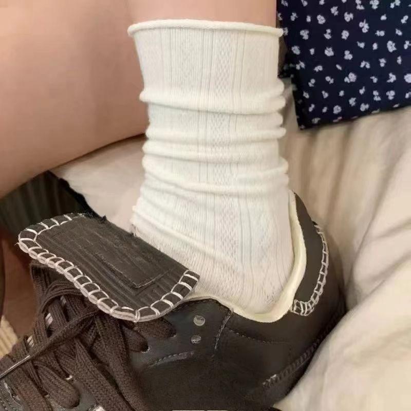 White Socks for Women, Spring and Summer, Thin Pile Socks, Cool Mid-calf Socks, Cream-lined Rolled-up Postpartum Socks
