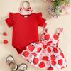 Body a maniche corte per bambina con maniche a volant, vestito salopette con stampa fragole e set fascia con fiocco, outfit per neonato e bambino piccolo