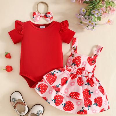 Baby Girl Short Sleeve Bodysuit with Ruffle Sleeves Strawberry Print Suspender Dress and Bow Headband Set Infant Toddler Outfit