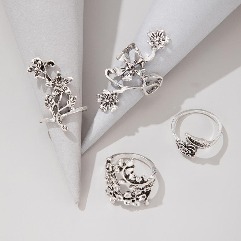 Popular Women's Ring Fashion Personality Ancient Silver Mori Vine Leaf Flower Ring Four-piece Set
