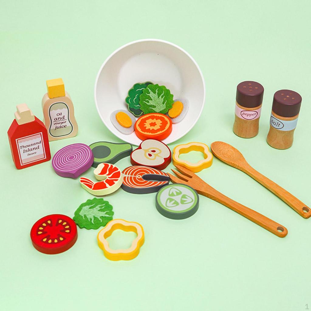 Wooden Play Salad Set, Pretend Color Sorting Toss Set with Utensils and