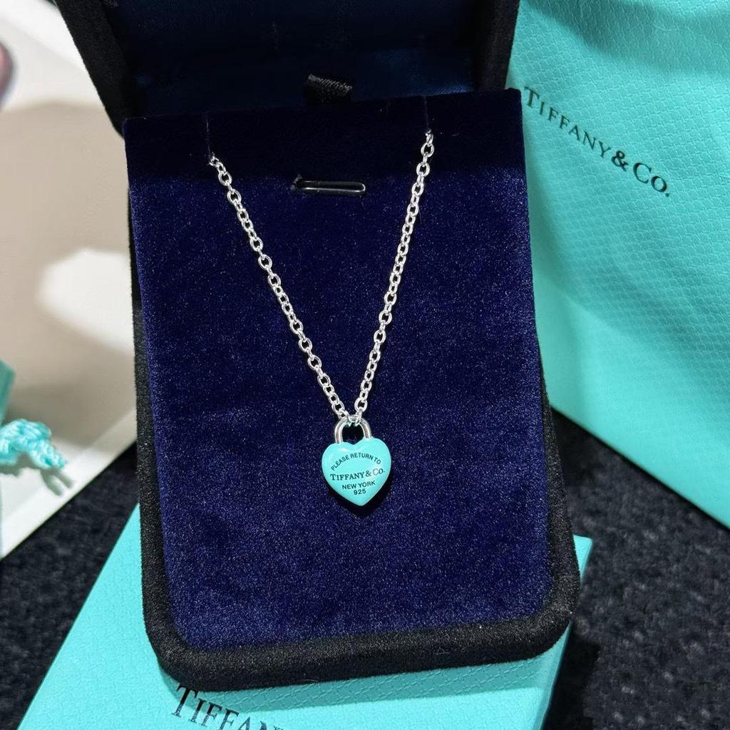 Collar con Colgante de Corazón de Plata de Ley 925 para Mujer Familia T con Diamantes y Esmalte, Cadena Clavicular Azul Clásico, Colgante para Mejor Amiga