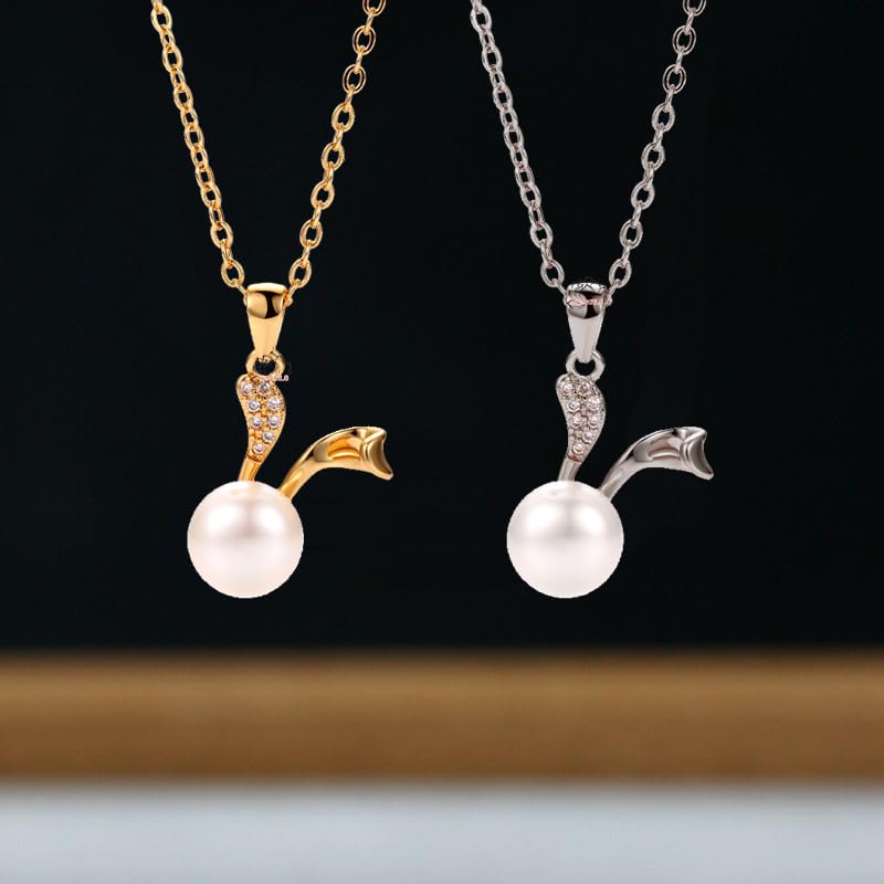 C-Girls Pearl Shop Natural Freshwater Pearl 7.5mm White Cute Rabbit Necklace Pendant with 5A Grade CZ Diamond (2 Colors) Perfect for Parties, Gifts,