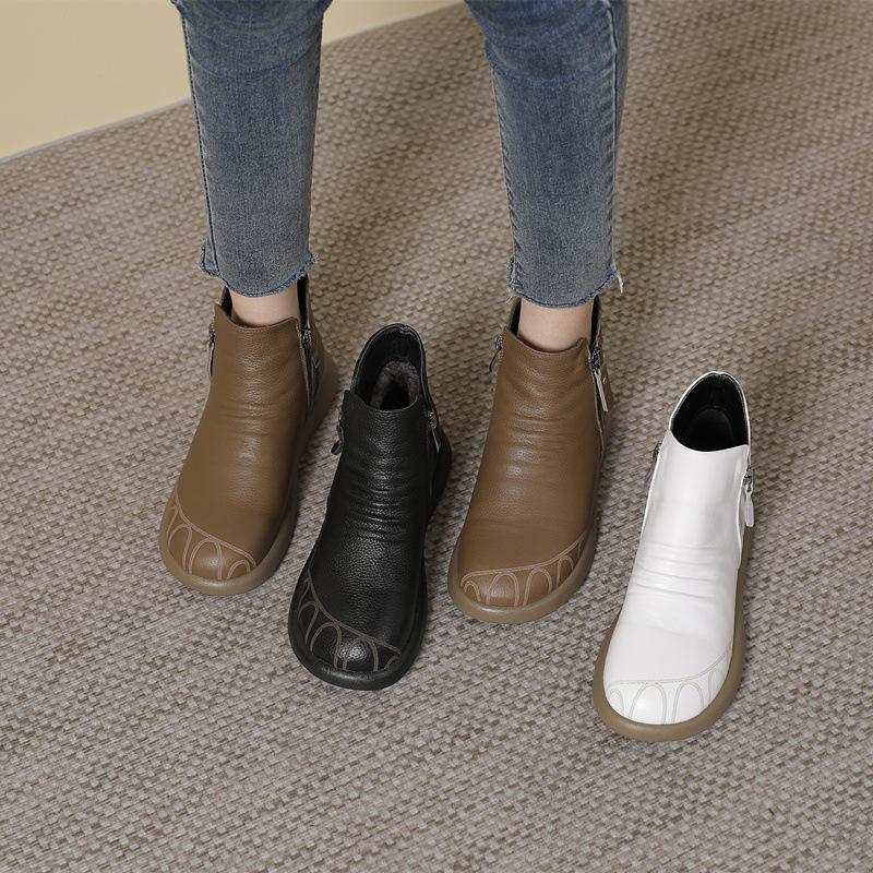 GKTINOO Autumn Winter Genuine Leather Flat Ankle Boots For Women Warm Boots Side Zipper Soft Comfortable Cow Leather Botas