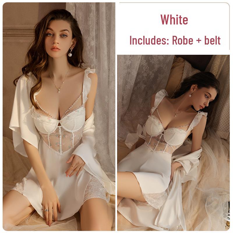 

Guiruo Plus Size Deep V Underwire Mesh Camisole Nightgown Set One Size