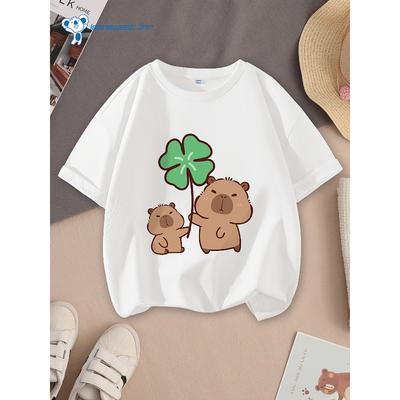European Sizes Girls' Short-Sleeve T-Shirt Pure Casual Base Shirt Capybara Print Spring And Summer Top. Patrick'S Day Print Shamrock Clothes