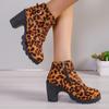 2024 Fashion Lace Up Women's Boots Winter Round Head Leopard Pattern Short Tube Thick Heel Zipper Plus Size Fashion Boots