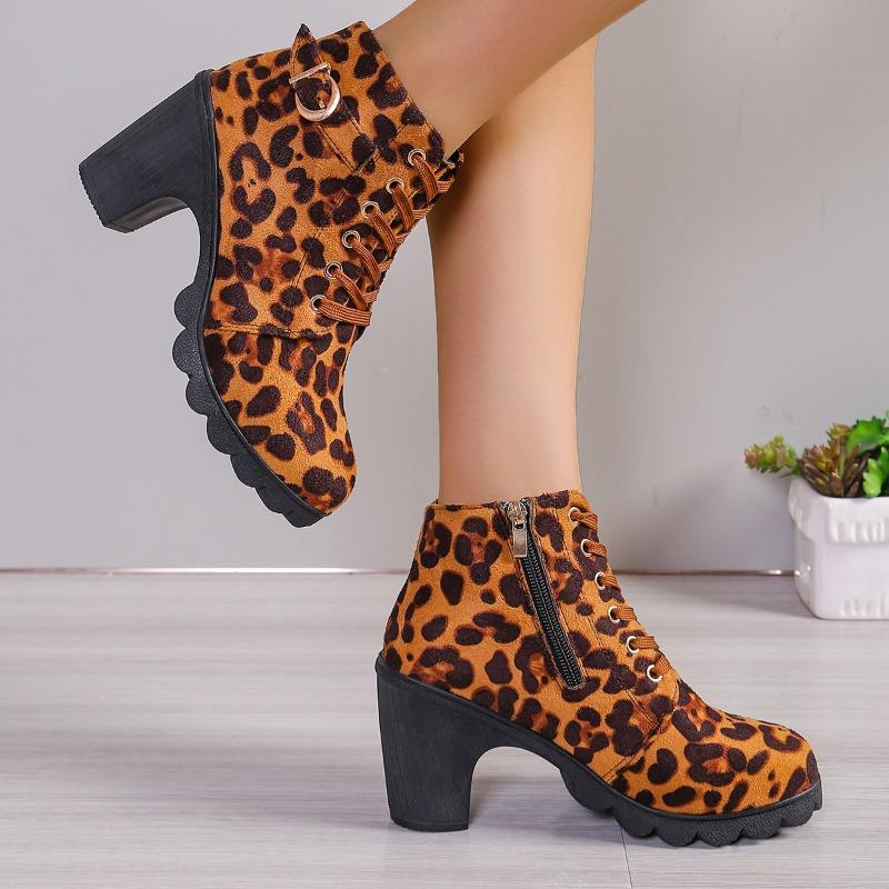 2024 Fashion Lace Up Women's Boots Winter Round Head Leopard Pattern Short Tube Thick Heel Zipper Plus Size Fashion Boots