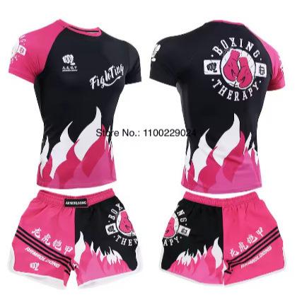 Muay Thai T-shirt set men's and women's pink and green MMA comfortable and breathable