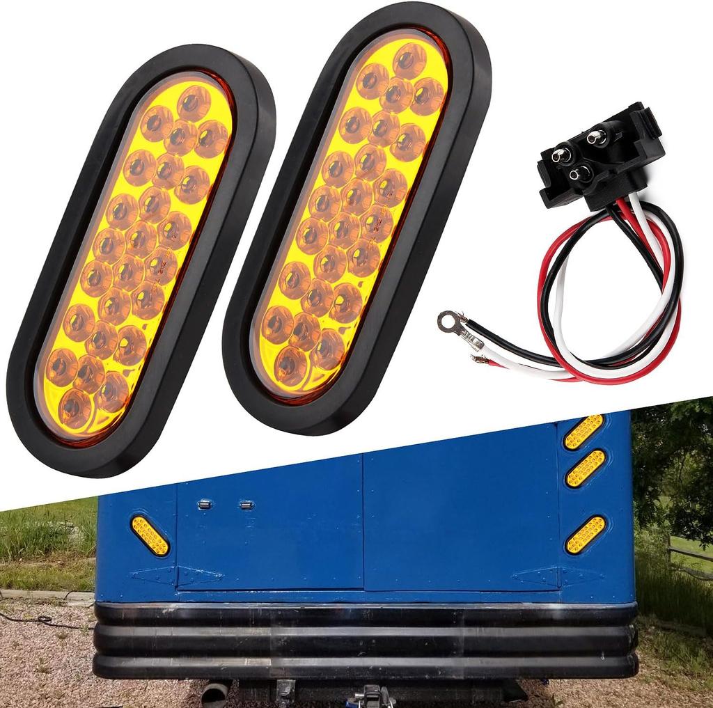 6PCS 6' Oval Amber LED Strobe Trailer Tail Lights with Rubber Grommet & 3-Prong Wires