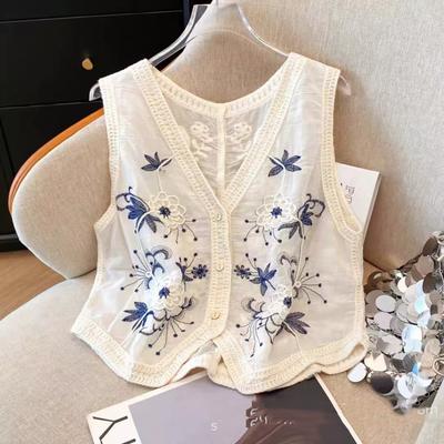Gilet Cardigan Ouvert Brodé 100% Coton pour Femme Tricoté Sans Manches Court Col en V Fermeture à un Bouton